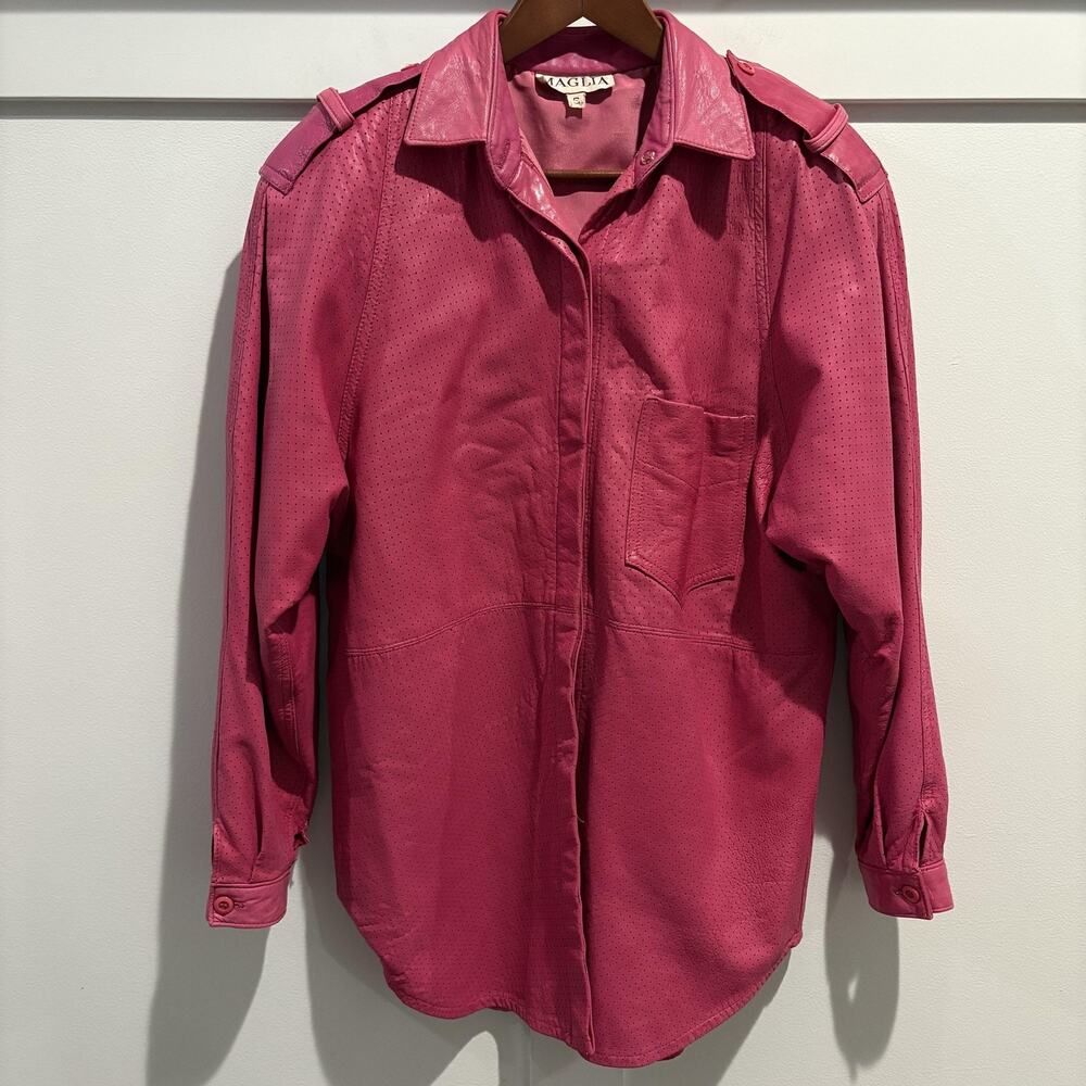 Maglia Jacket Womens Large Pink Perforated Leather‎ Button Epaulets Lined READ